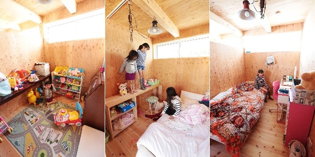 「寝られれば十分」と、コンパクトに設計した子ども部屋。右から長女、次女、三女の個室。部屋の仕切りの天井部を開けることで、狭くても圧迫感が出ないようにした。子どもたちも、ちゃんと“自分だけのスペース”があることに満足している

