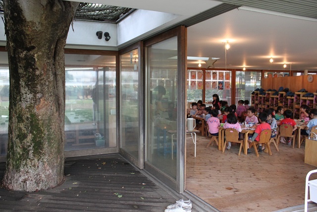 各教室の間の仕切りは天井までなく開放的。窓側の壁は一面のガラス戸で、巨木が子どもたちの日々を見守る
